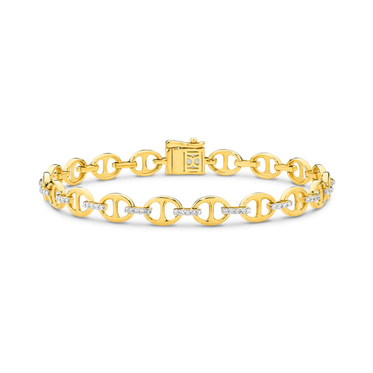 Gold bracelet with diamond accents on a white background