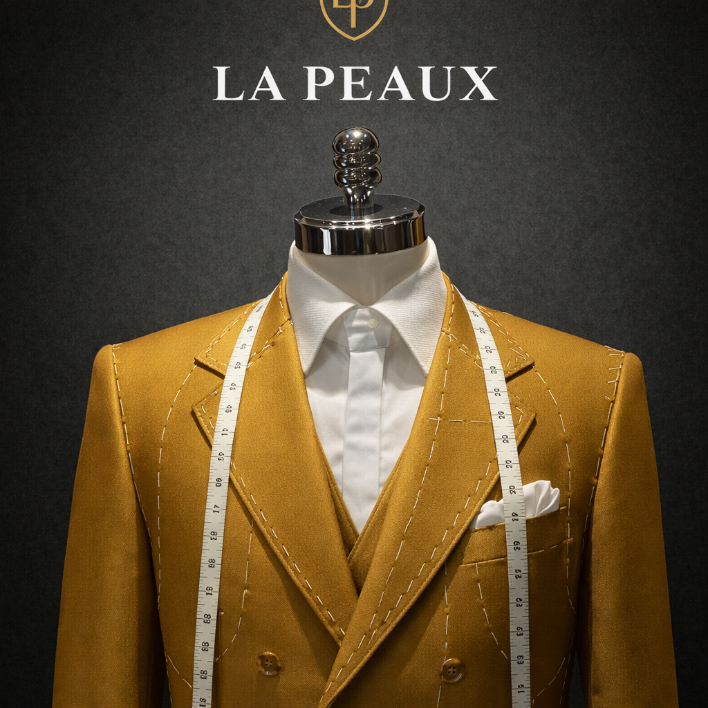 Yellow suit on a mannequin with 'La LA PEAUX's branding on a dark background.